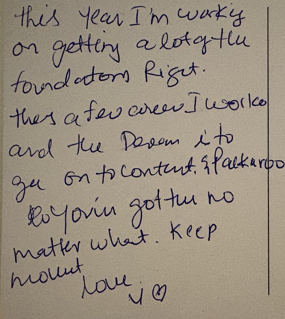 A handwritten note to a future self